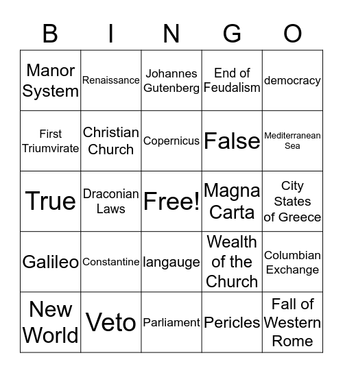 World Studies Final Review Bingo Card