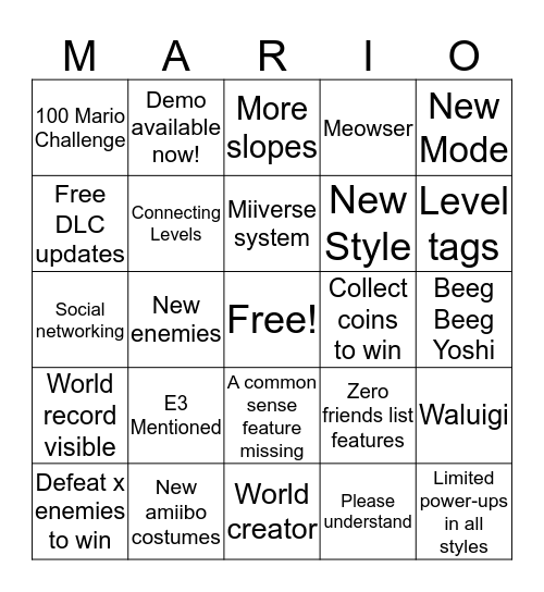 Mario Maker 2 Direct Bingo Card