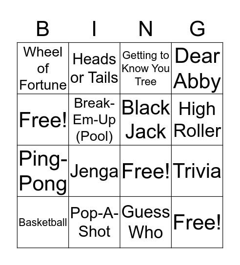 Activities Bingo Card