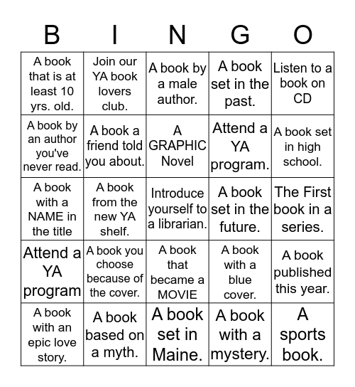 YA SUMMER READING CHALLENGE 2019 Bingo Card