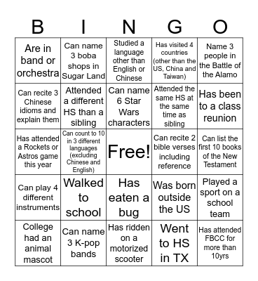 MS Graduation Bingo Card