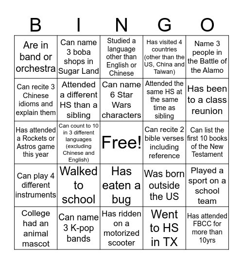 MS Graduation Bingo Card