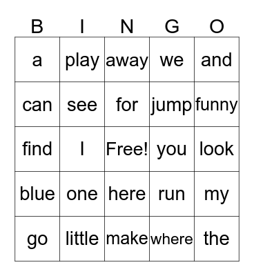 Sight Words Bingo Card