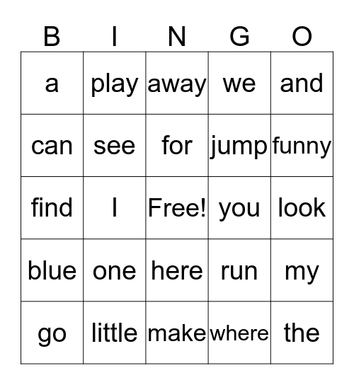 Sight Words Bingo Card