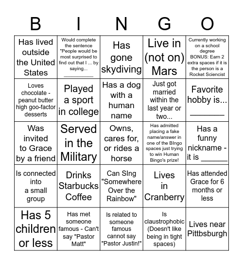Grace CONNECT Human Bingo Card