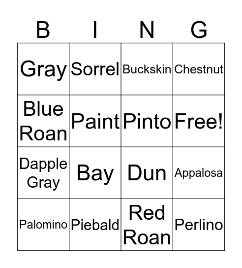 Horse Colors Bingo Card
