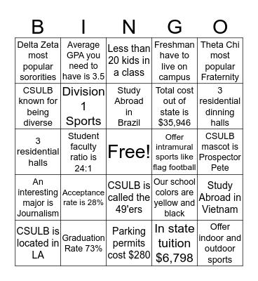 California State University Long Beach  Bingo Card
