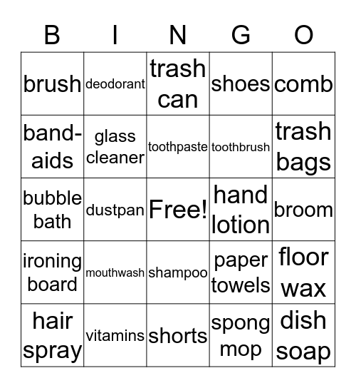 Household Items Bingo Card