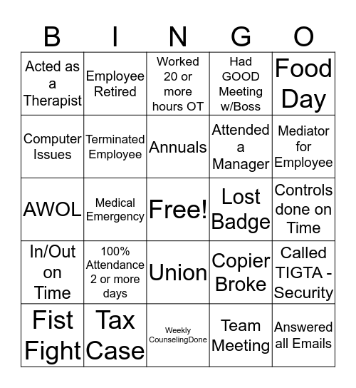 Manager Bingo Card