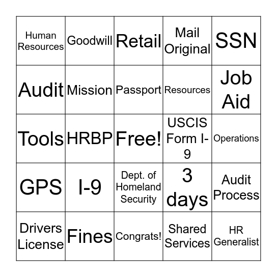 I-9 Compliance Bingo Card