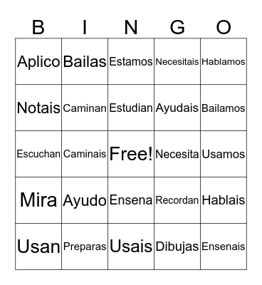 Conjugating AR Verbs Bingo Card