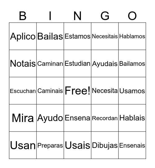Conjugating AR Verbs Bingo Card