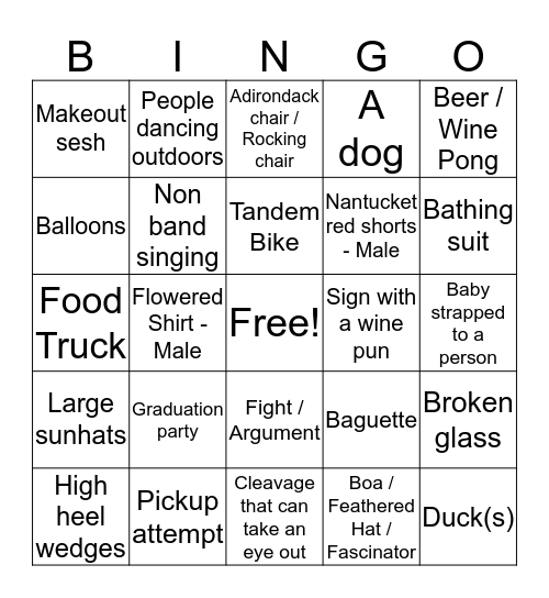 Catalina Wine Mixer Bingo Card