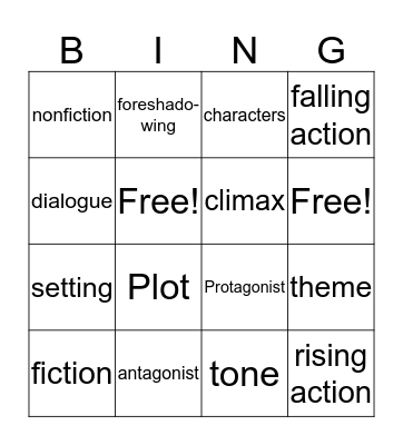 Fiction Vocabulary Bingo Card