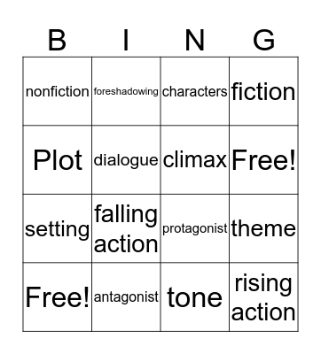 Fiction Vocabulary Bingo Card