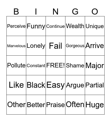 Antonyms Bingo Card