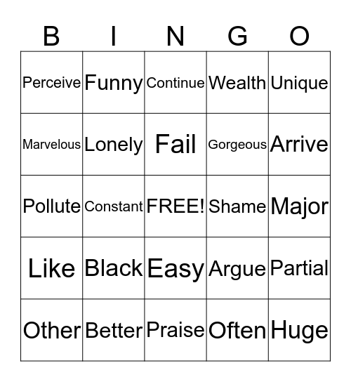 Antonyms Bingo Card