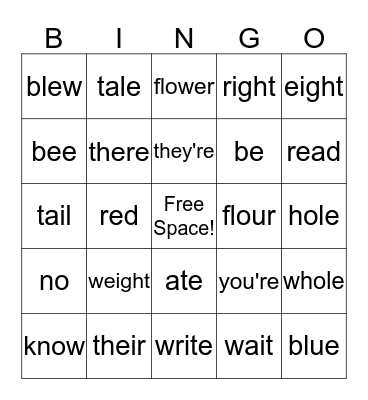 Homophone Bingo Card