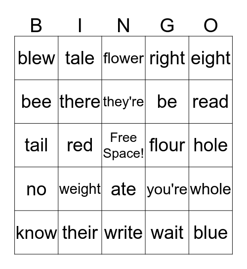 Homophone Bingo Card