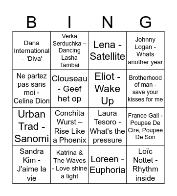 Eurosong Bingo Card