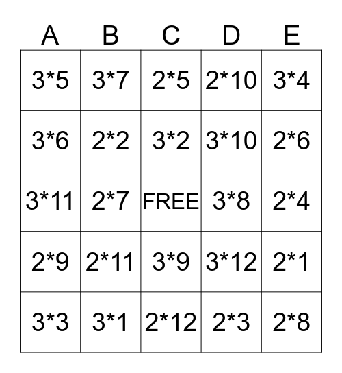 Multiplication BINGO with 2 and 3 Bingo Card