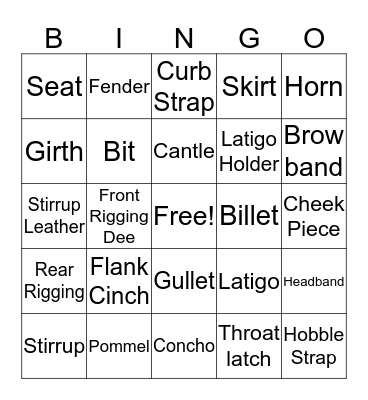 Western Saddle Parts Bingo Card