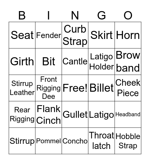 Western Saddle Parts Bingo Card