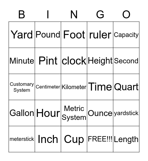 Measurement Bingo Card