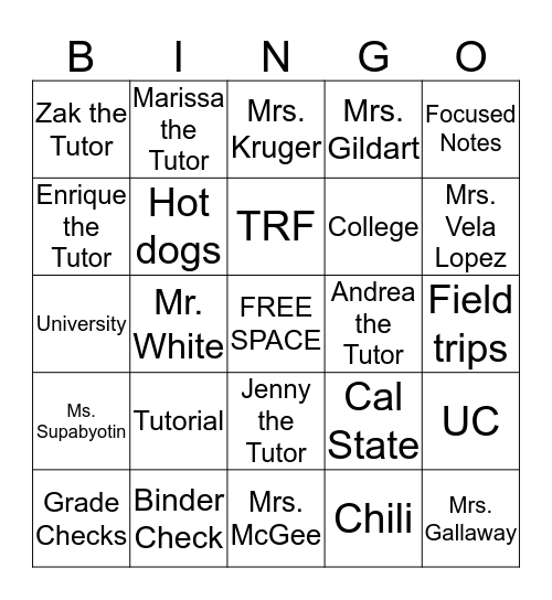 AVID Bingo Card