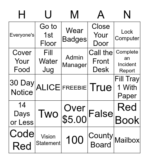 HUMAN SERVICES BINGO HOUR Bingo Card