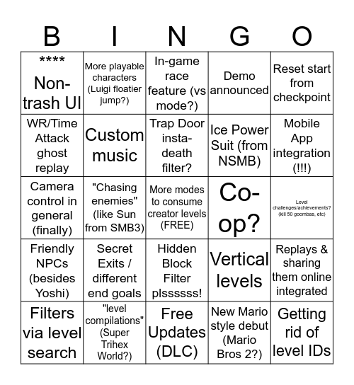 Mario Maker 2 Wishlist Bingo Card