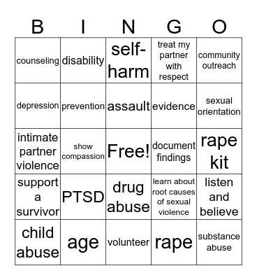 Sexual Assault Bingo Card