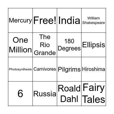 OZ Bar Trivia Bingo Card