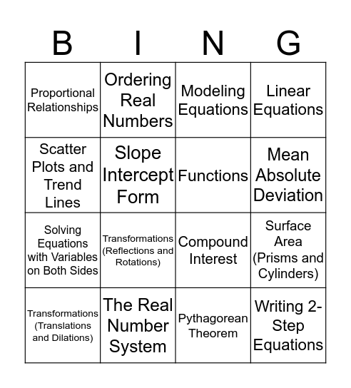 Legacy Project Topics Bingo Card