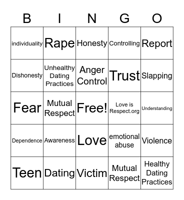 Teen Dating Bingo Card