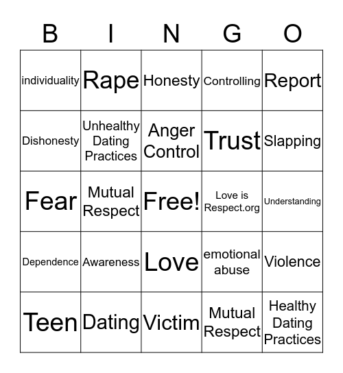 Teen Dating Bingo Card
