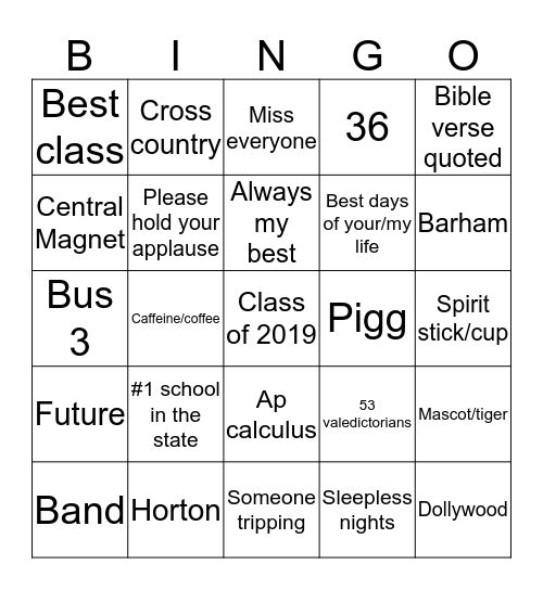 Graduation Bingo Card