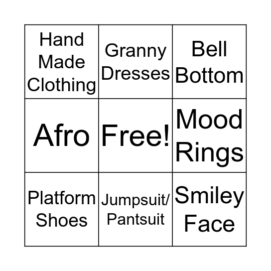 1970's Fashion Bingo Card