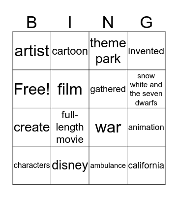 Walt Disney Bingo Card