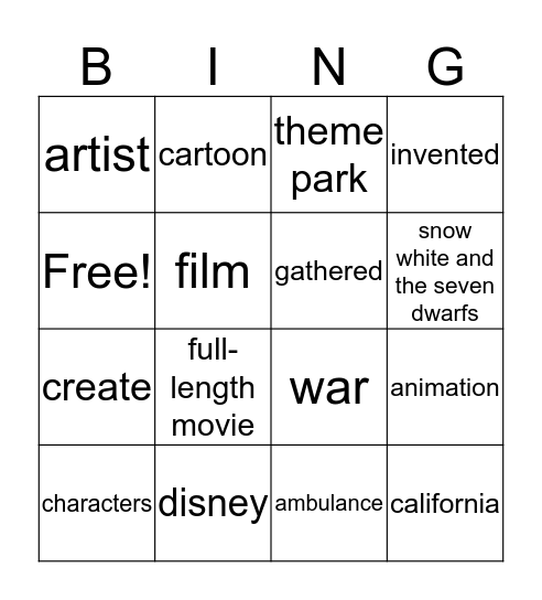 Walt Disney Bingo Card