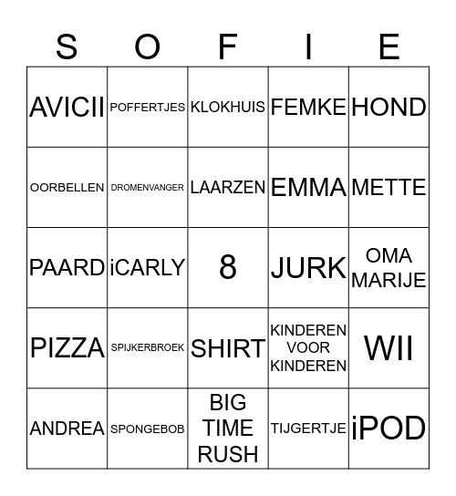 SOFIE BINGO Card