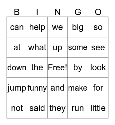 sight words Bingo Card