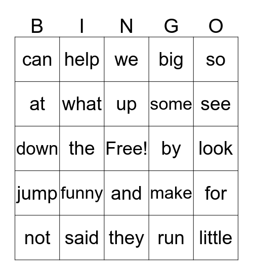 sight words Bingo Card