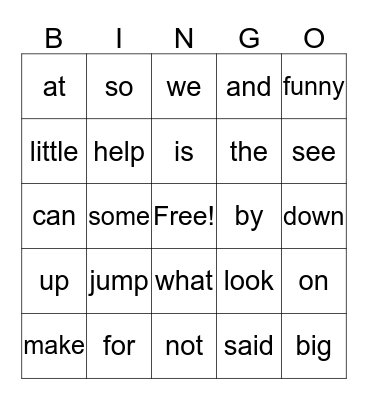 sight words Bingo Card