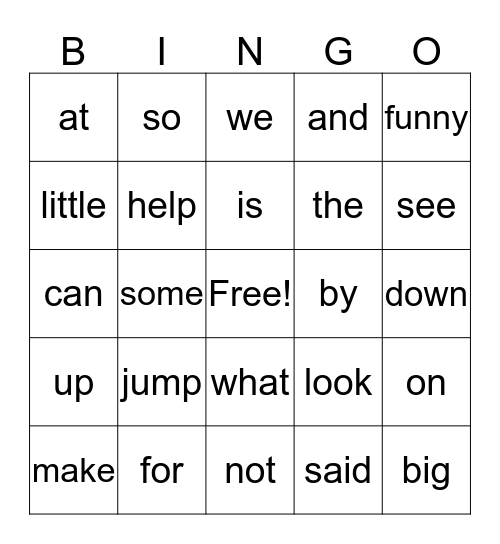 sight words Bingo Card