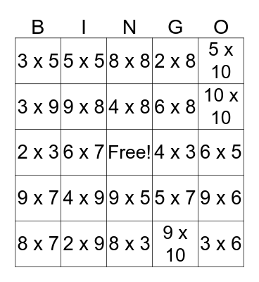 Multiplication Bingo Card
