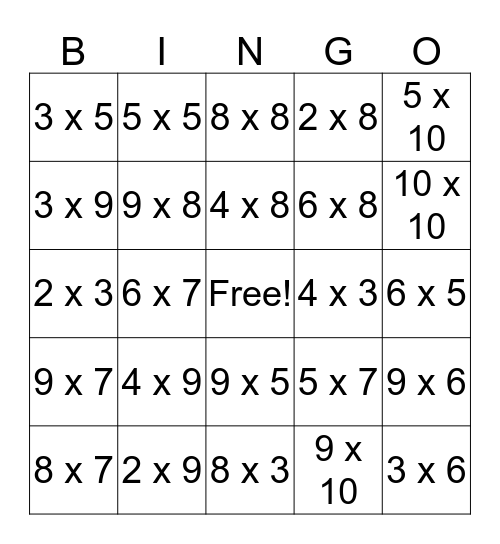 Multiplication Bingo Card