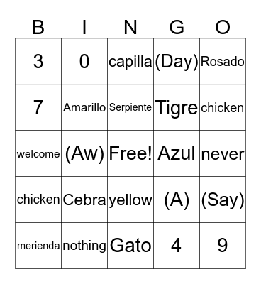 Spanish Bingo  Bingo Card