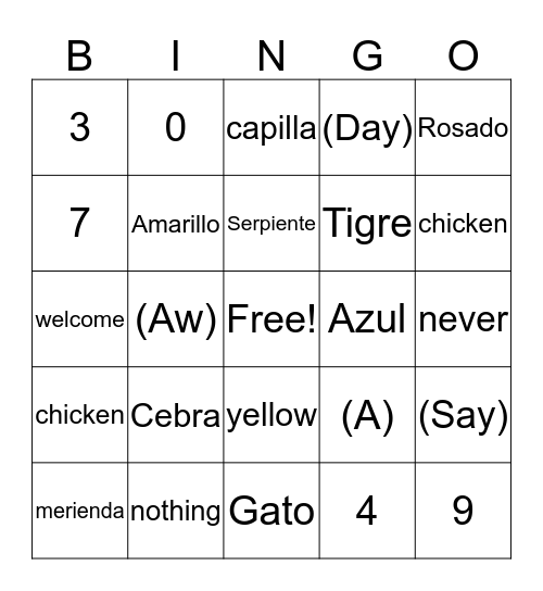 Spanish Bingo  Bingo Card