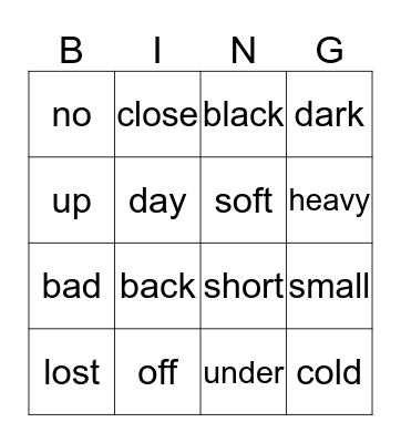Opposites Bingo Card